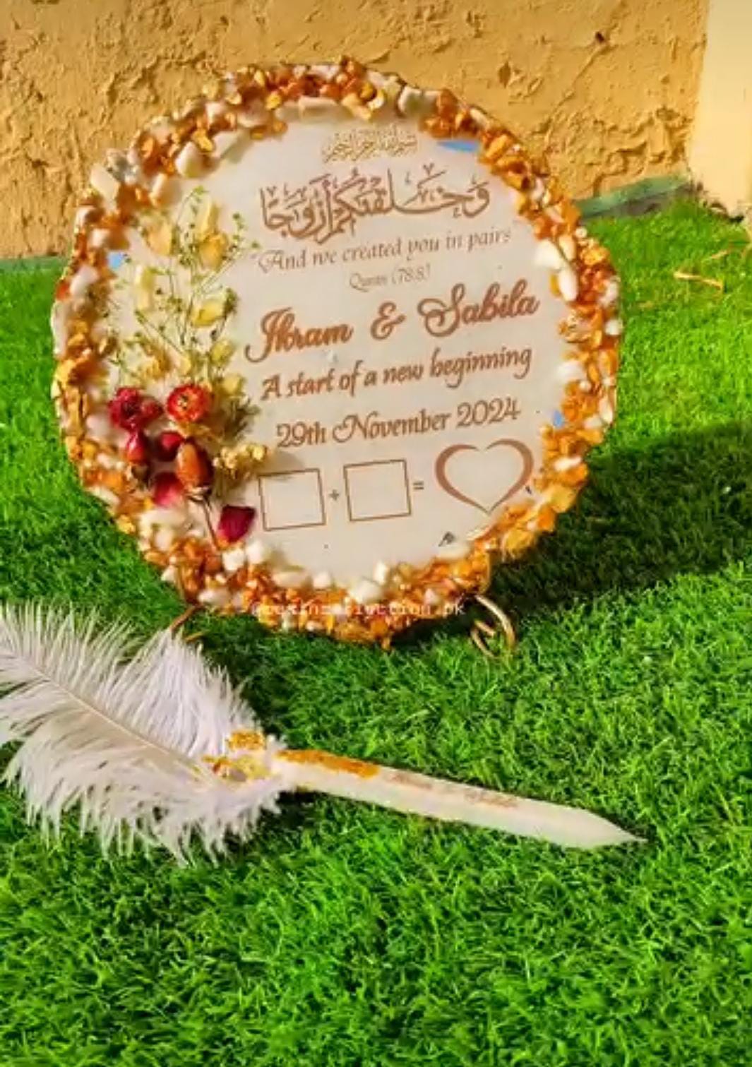 Real Flowers Engraved Resin Nikkah Thumb Frame With Nikkah Pen
