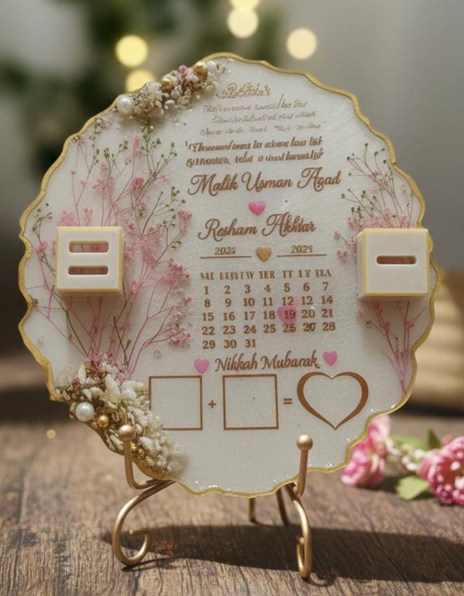 White & Pink Stones Floral Resin Nikkah/Engagement Tray/Frame Elagant Minimal Design