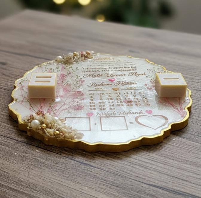White & Pink Stones Floral Resin Nikkah/Engagement Tray/Frame Elagant Minimal Design