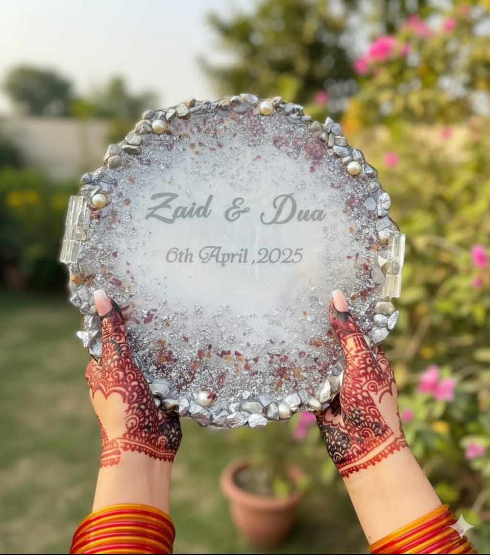 Silver & Rose Resin Nikkah/Engagement Tray/Frame Card Elegant Look