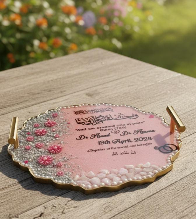 Pink Pearl Floral Resin Nikkah/Engagement Tray/Frame Elagant Minimal Designn