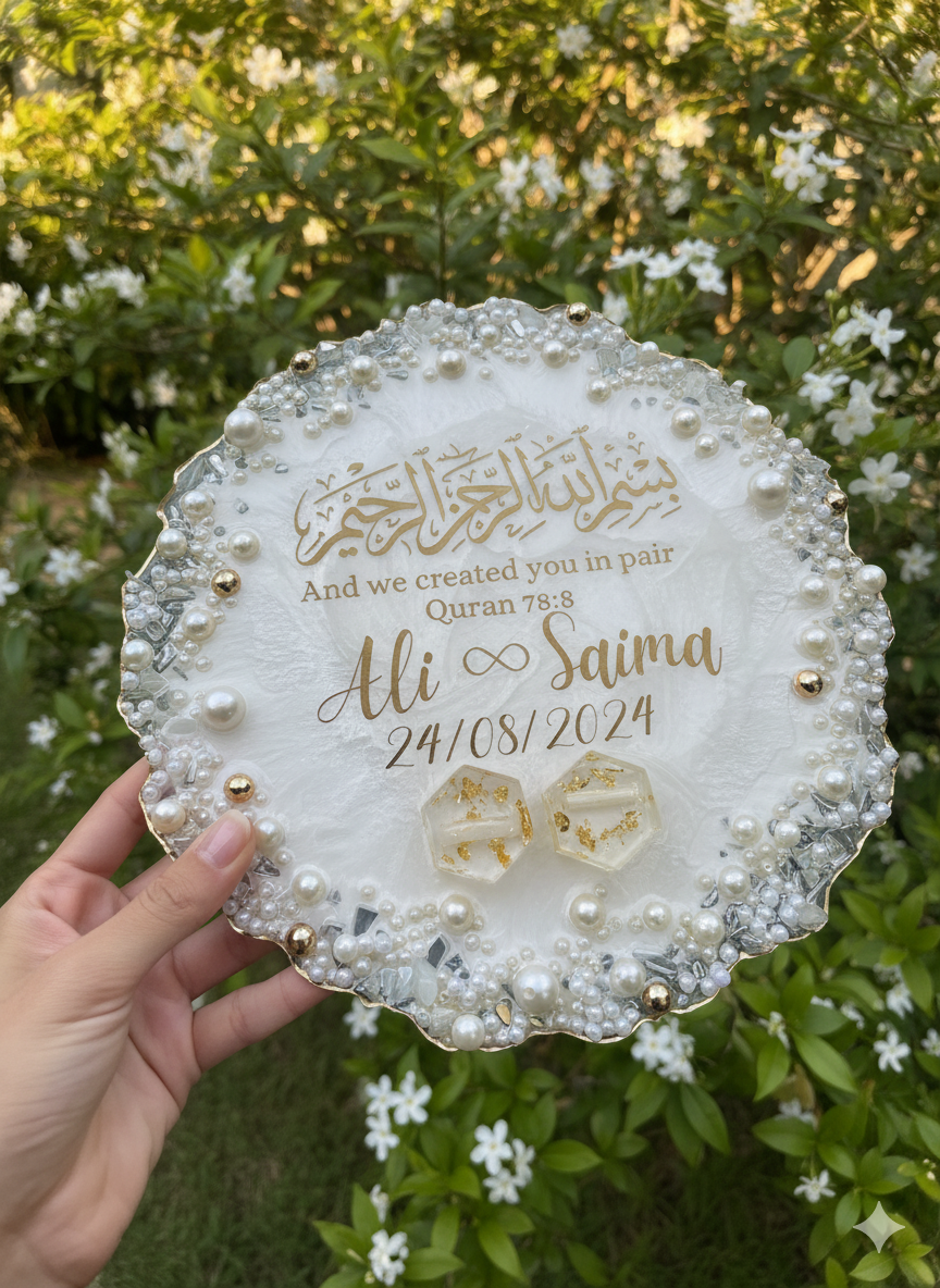 White Pearls Resin Nikkah/Engagement Tray/Frame  Elegant Look