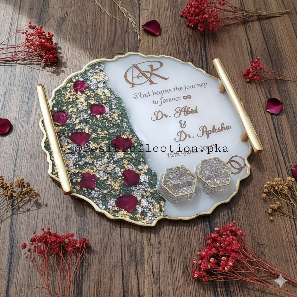 Rose Petals Engraved Resin Nikkah/Engagement Tray/Frame Elegant Look