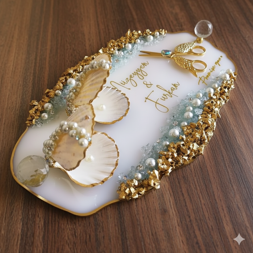 Golden & White Crystal Oval Resin Nikkah/Engagement Tray/Frame Elagant Minimal Design