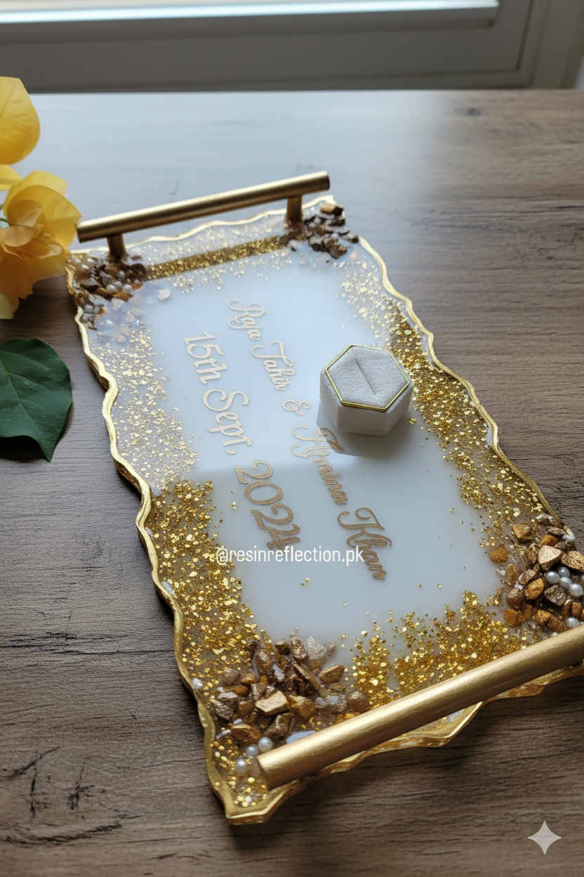 Golden White Rectangular Resin Nikkah/Engagement Tray/Frame  Elegant Look