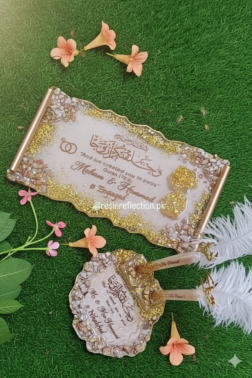 Rectangular Floral Resin Tray With Nikkah Pen Holder & Nikkah Pens