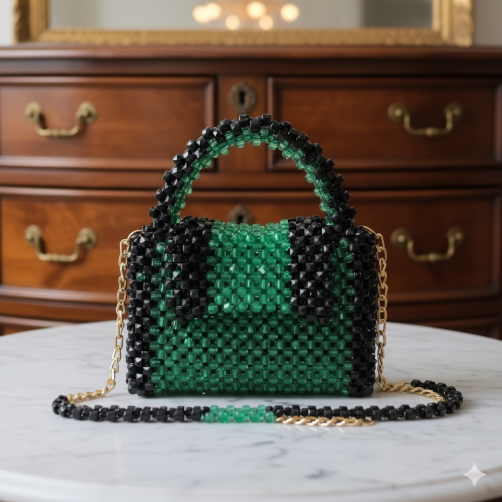 Beautiful crystal beaded bags, handcrafted, Green & Black Tone, handbags, purse, ladies bag