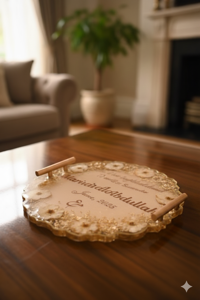 White Roses Preserved Golden Resin Nikkah/Engagement Tray/Frame  Elegant Look