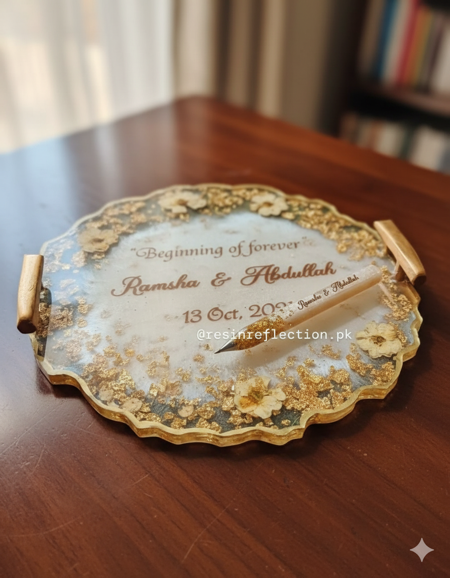 White Roses Preserved Resin Nikkah/Engagement Tray/Frame  Elegant Look