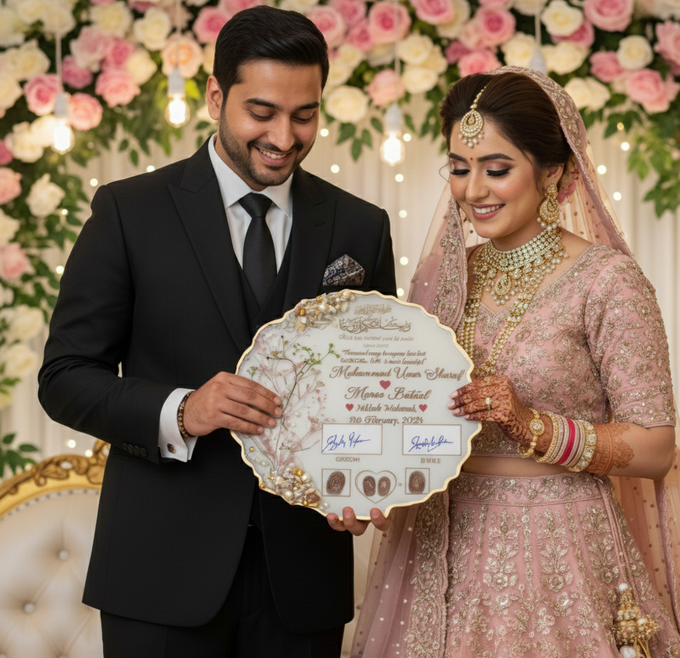 White Floral Resin Thumb+Signature Nikkah/Engagement Tray/Frame Elegant Look