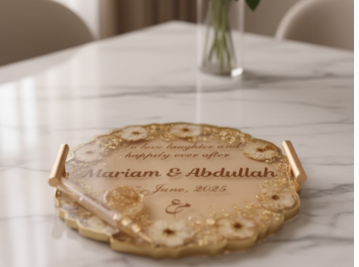 White Roses Preserved Golden Resin Nikkah/Engagement Tray/Frame  Elegant Look