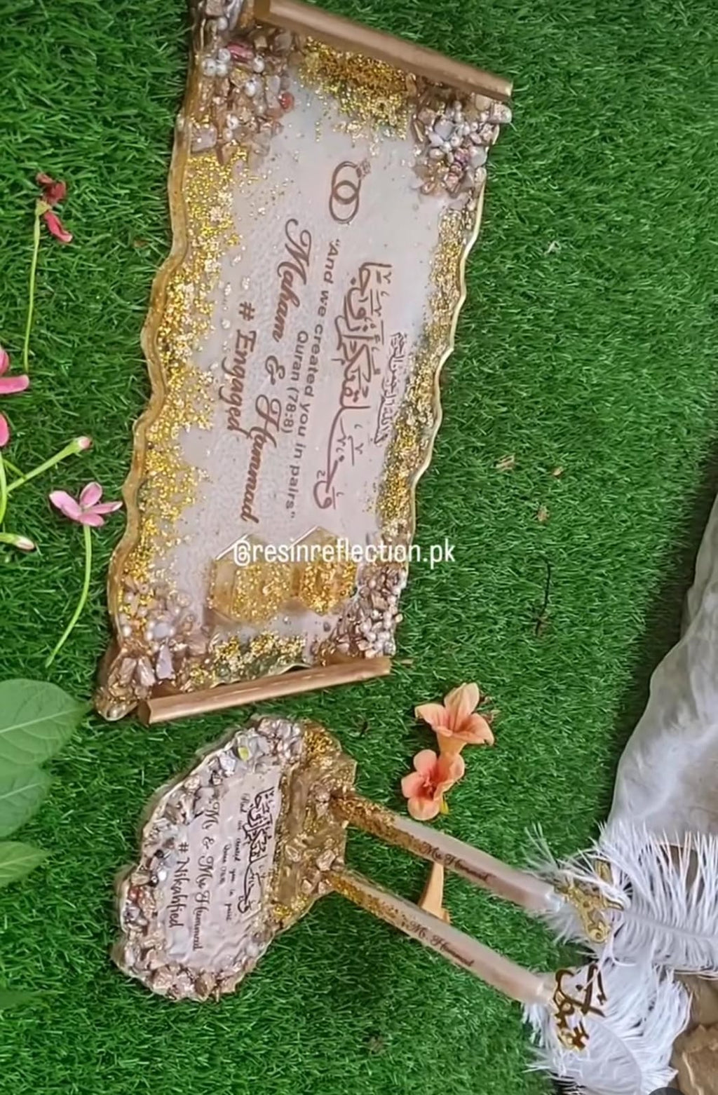 Rectangular Floral Resin Tray With Nikkah Pen Holder & Nikkah Pens