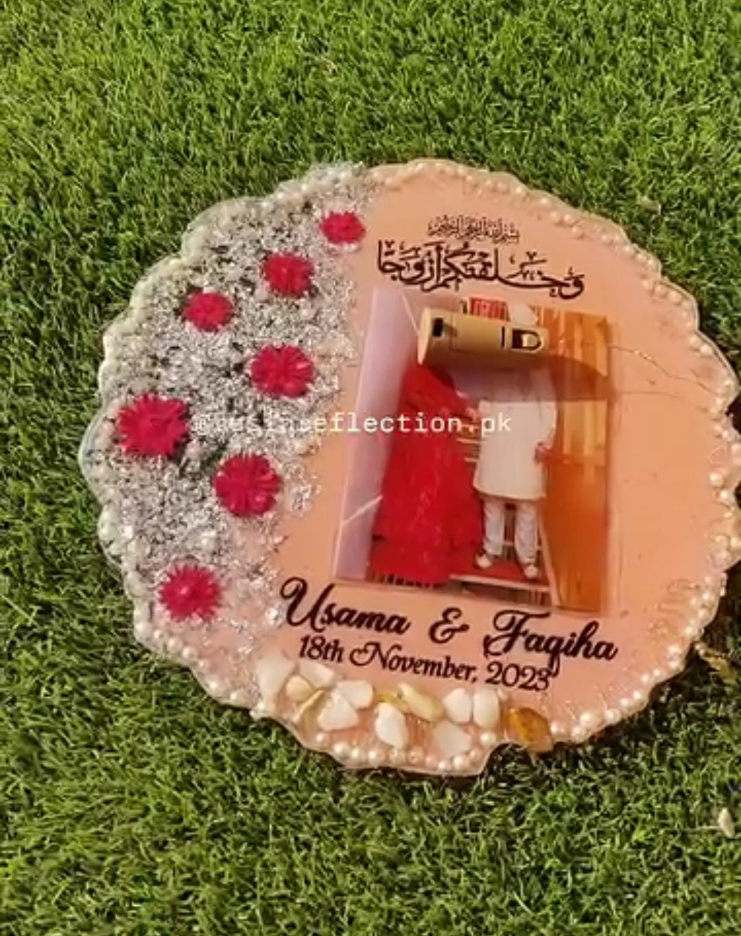 Pink lights Photo Resin Nikkah/Engagement Tray/Frame Elagant Minimal Designn