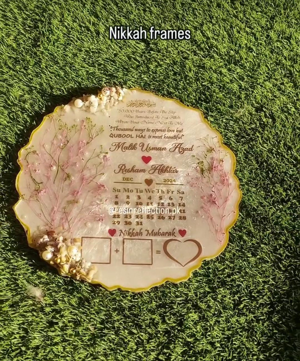 White & Pink Stones Floral Resin Nikkah/Engagement Tray/Frame Elagant Minimal Design