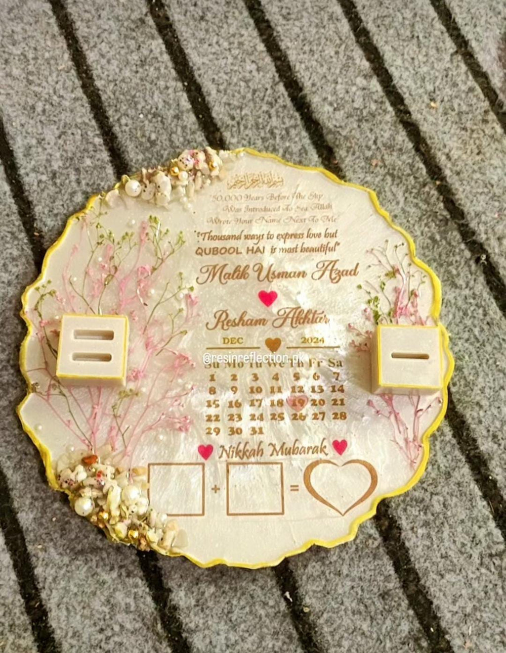 White & Pink Stones Floral Resin Nikkah/Engagement Tray/Frame Elagant Minimal Design