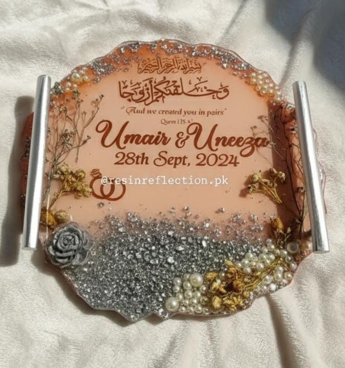 Peach & Silver Floral Resin Nikkah/Engagement Tray/Frame Elagant Minimal Design