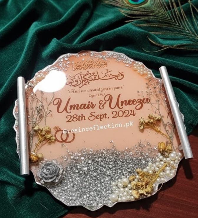 Peach & Silver Floral Resin Nikkah/Engagement Tray/Frame Elagant Minimal Design