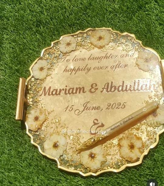 White Roses Preserved Golden Resin Nikkah/Engagement Tray/Frame  Elegant Look