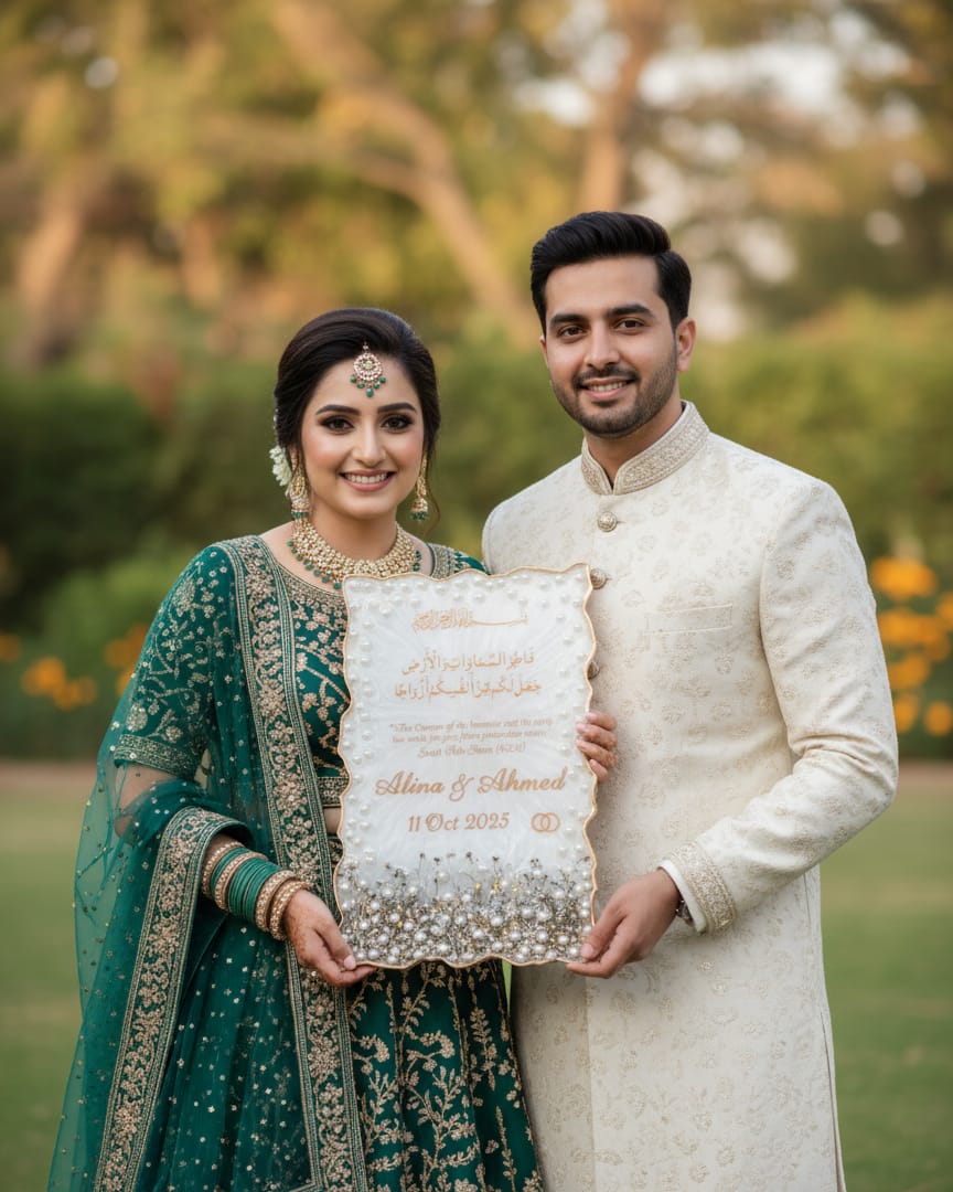 Emarld Green Flowers With Shimmery Silver White combo Resin Nikkah/Engagement Tray/Frame