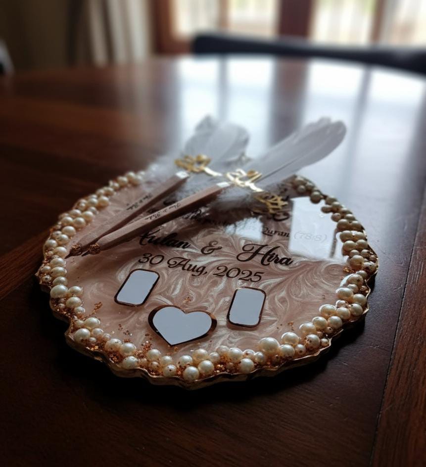 Pearls Engraved Rose Gold Resin Nikkah Thumb Frame With 2 Nikkah Pen