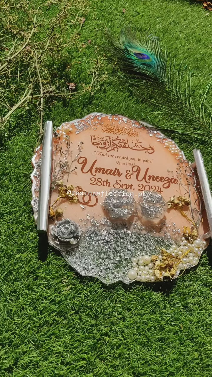 Peach & Silver Floral Resin Nikkah/Engagement Tray/Frame Elagant Minimal Design