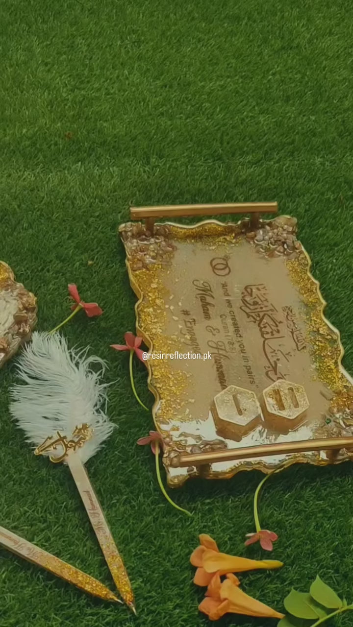 Rectangular Floral Resin Tray With Nikkah Pen Holder & Nikkah Pens