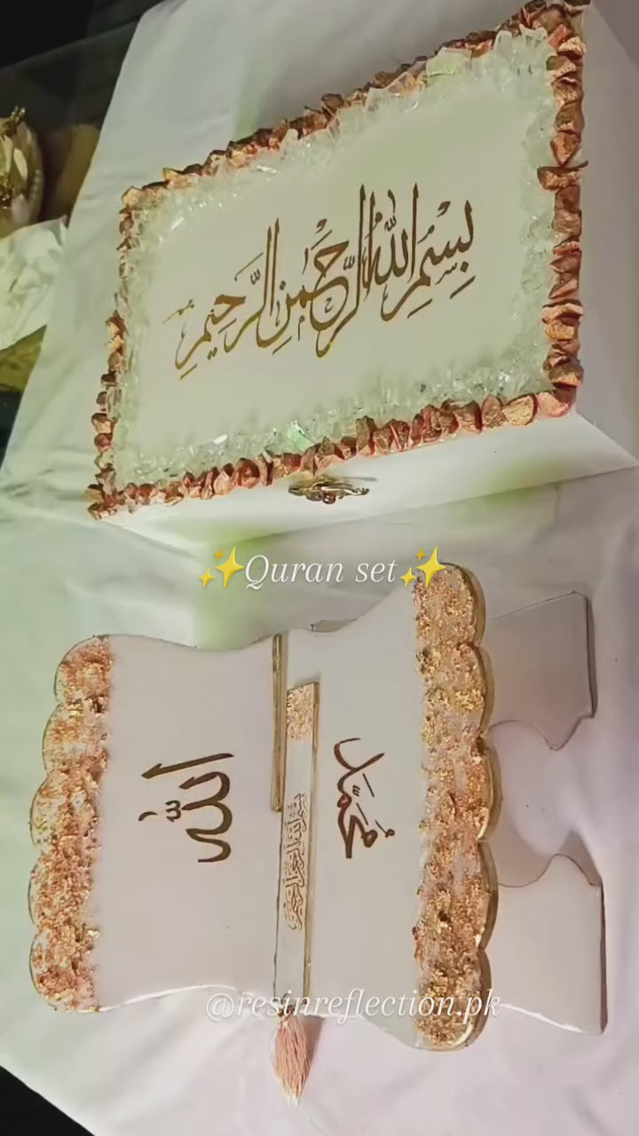 Resin Bridal Quran Set, Quran Rehal, Quran Box, Tasbeeh, Bookmark, Prayer Mat
