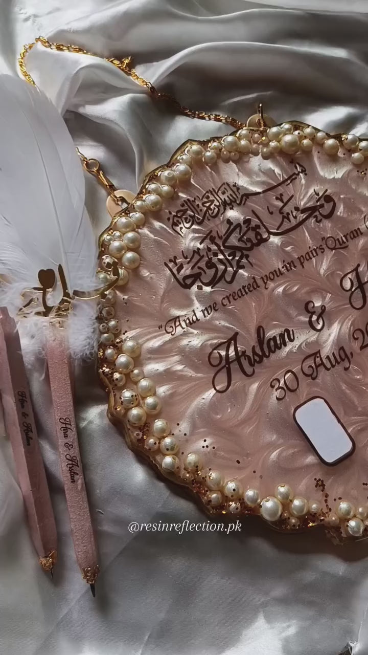 Pearls Engraved Rose Gold Resin Nikkah Thumb Frame With 2 Nikkah Pen