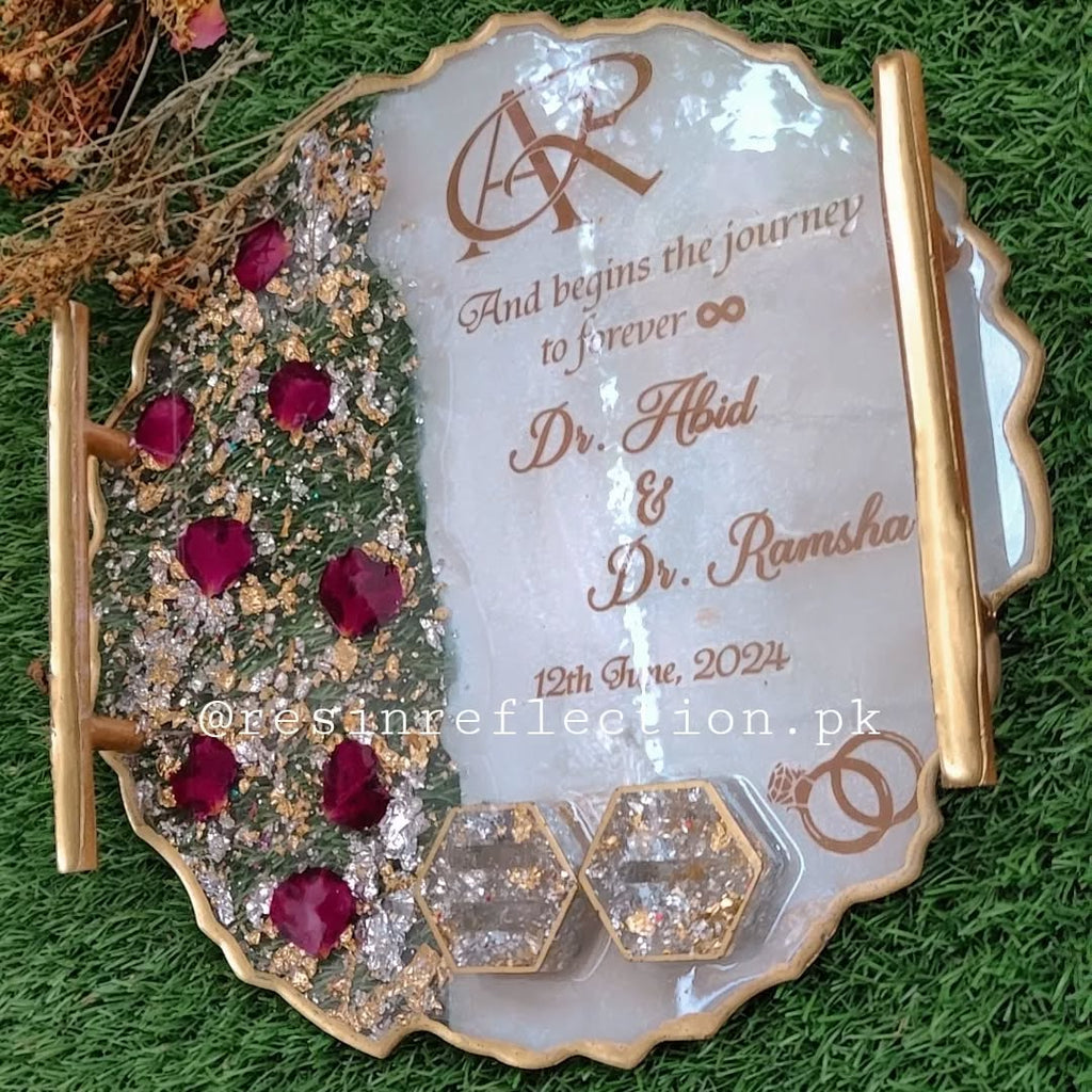 Rose Petals Engraved Resin Nikkah/Engagement Tray/Frame Elegant Look