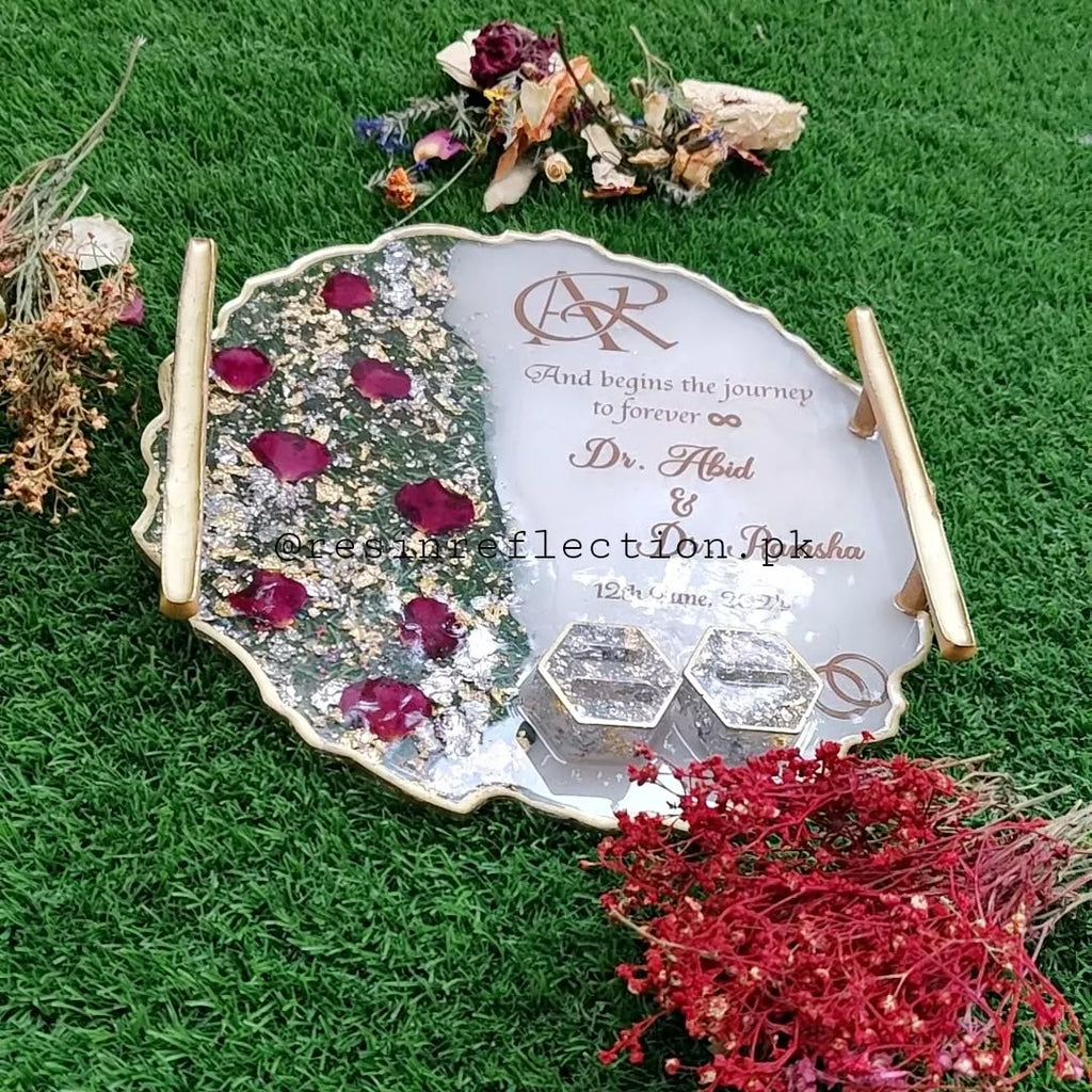 Rose Petals Engraved Resin Nikkah/Engagement Tray/Frame Elegant Look