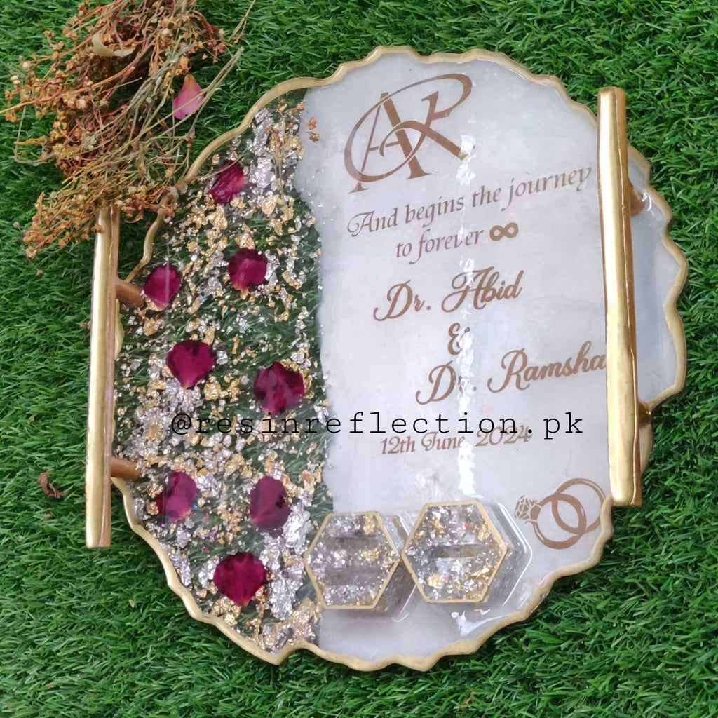 Rose Petals Engraved Resin Nikkah/Engagement Tray/Frame Elegant Look