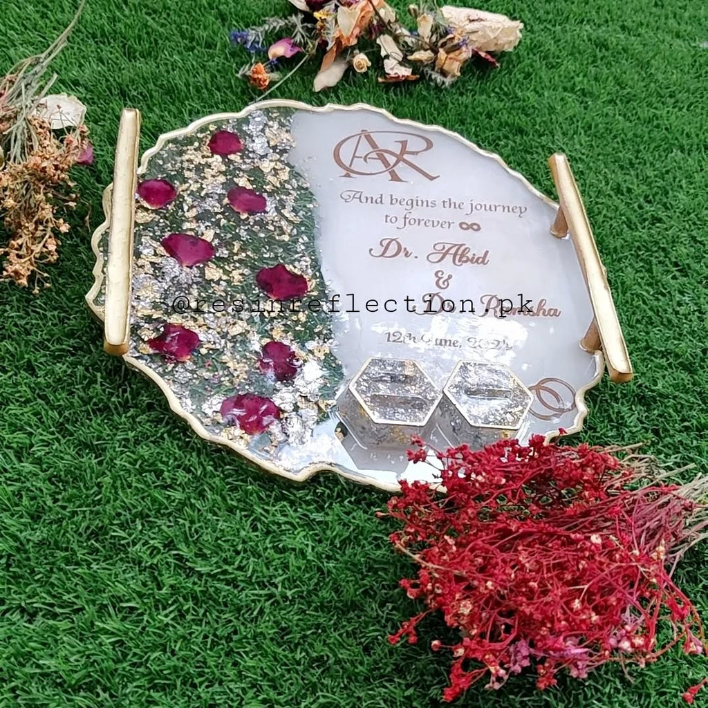 Rose Petals Engraved Resin Nikkah/Engagement Tray/Frame Elegant Look