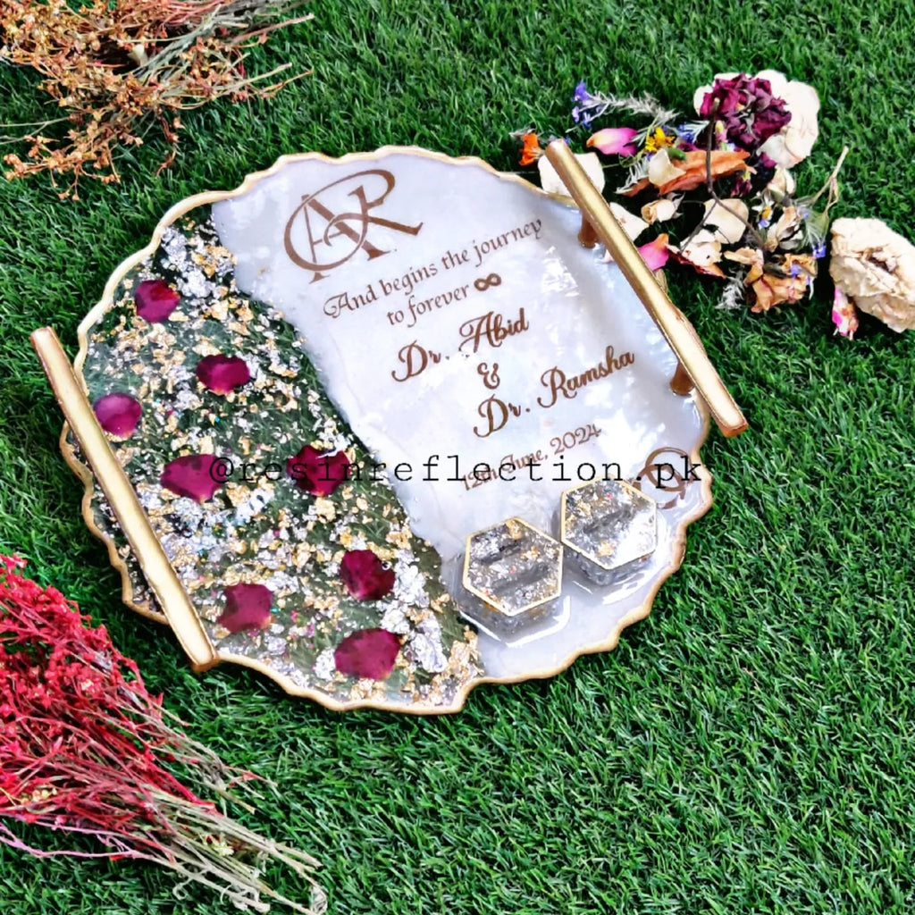 Rose Petals Engraved Resin Nikkah/Engagement Tray/Frame Elegant Look