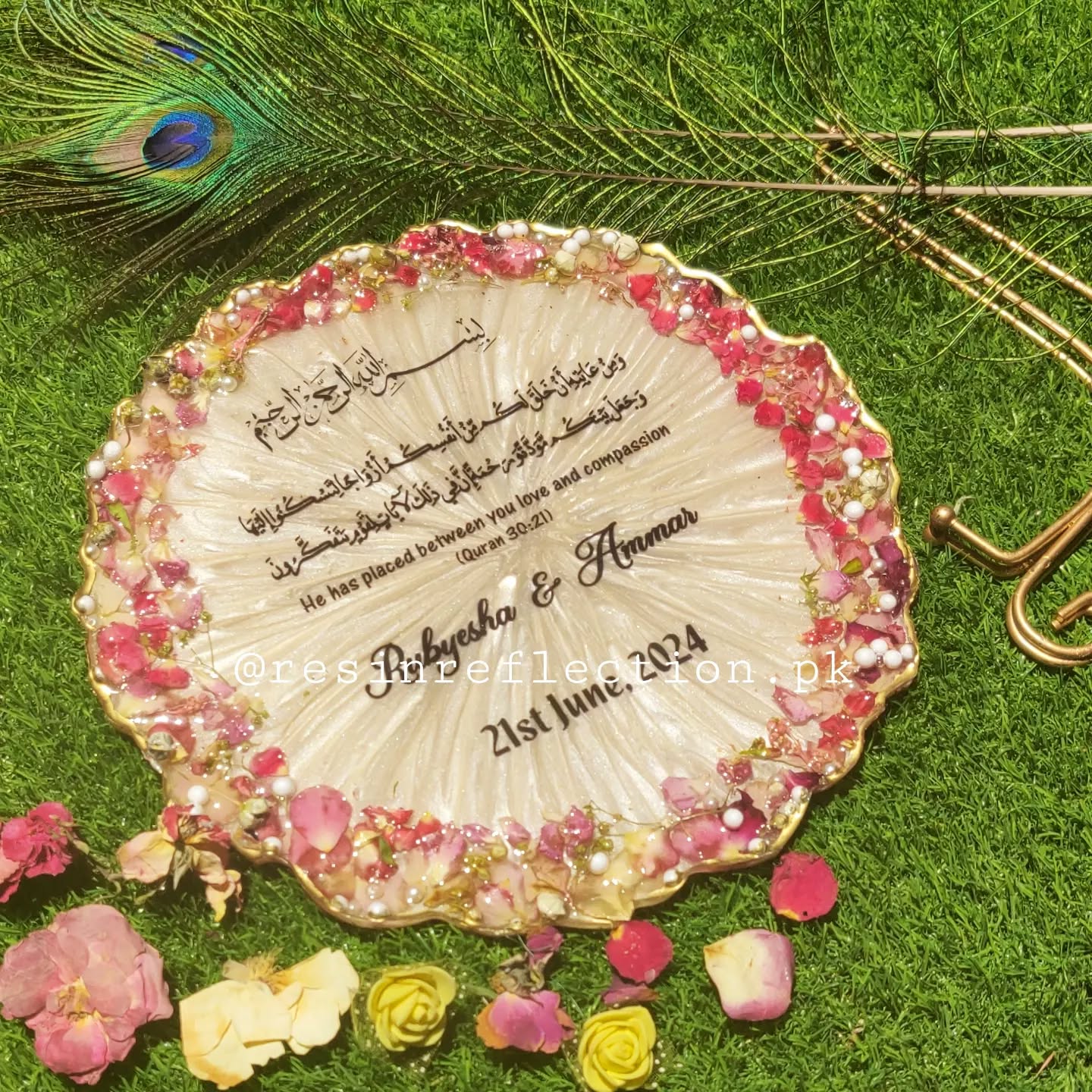 Beige Gold Floral Resin BAAT PAKI/ Nikkah/Engagement Tray/Frame