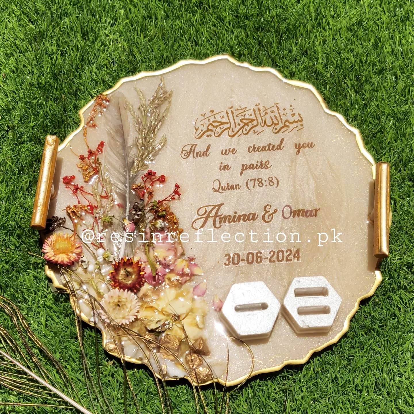 Beige Floral Theme Resin Nikkah/Engagement Tray/Frame