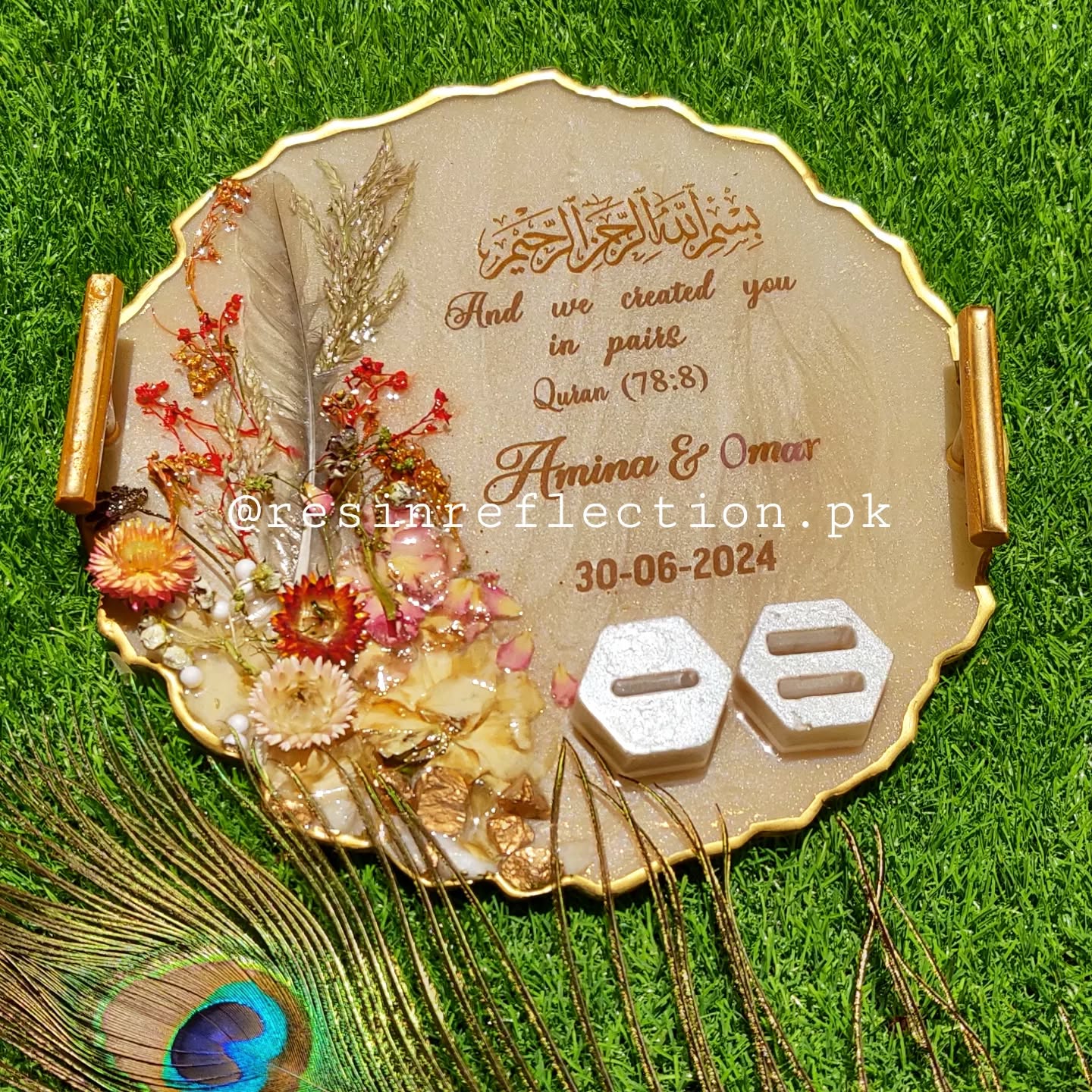 Beige Floral Theme Resin Nikkah/Engagement Tray/Frame