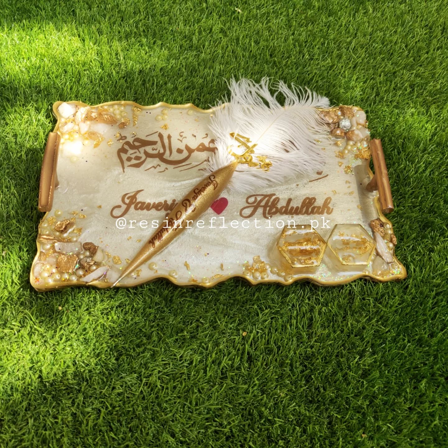 White Rectangular Floral Resin Nikkah/Engagement Tray/Frame