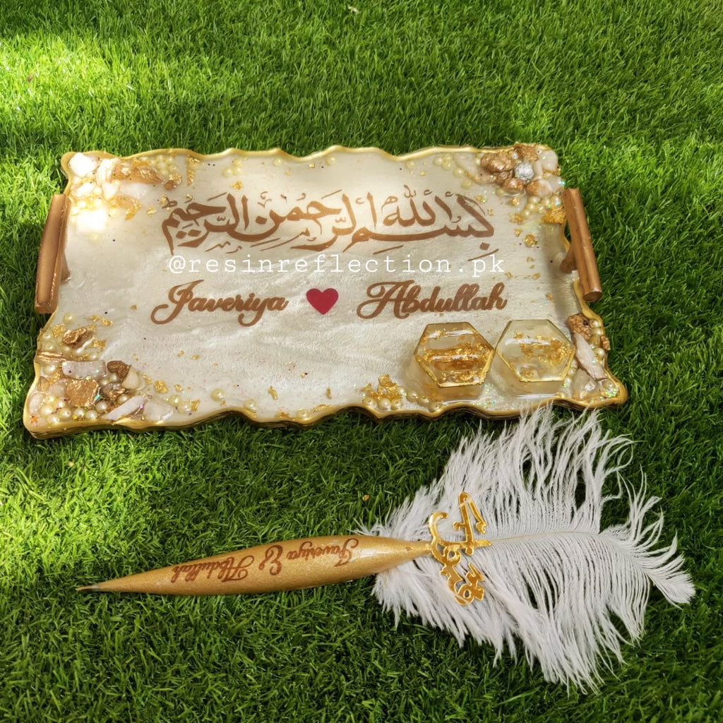 White Rectangular Floral Resin Nikkah/Engagement Tray/Frame