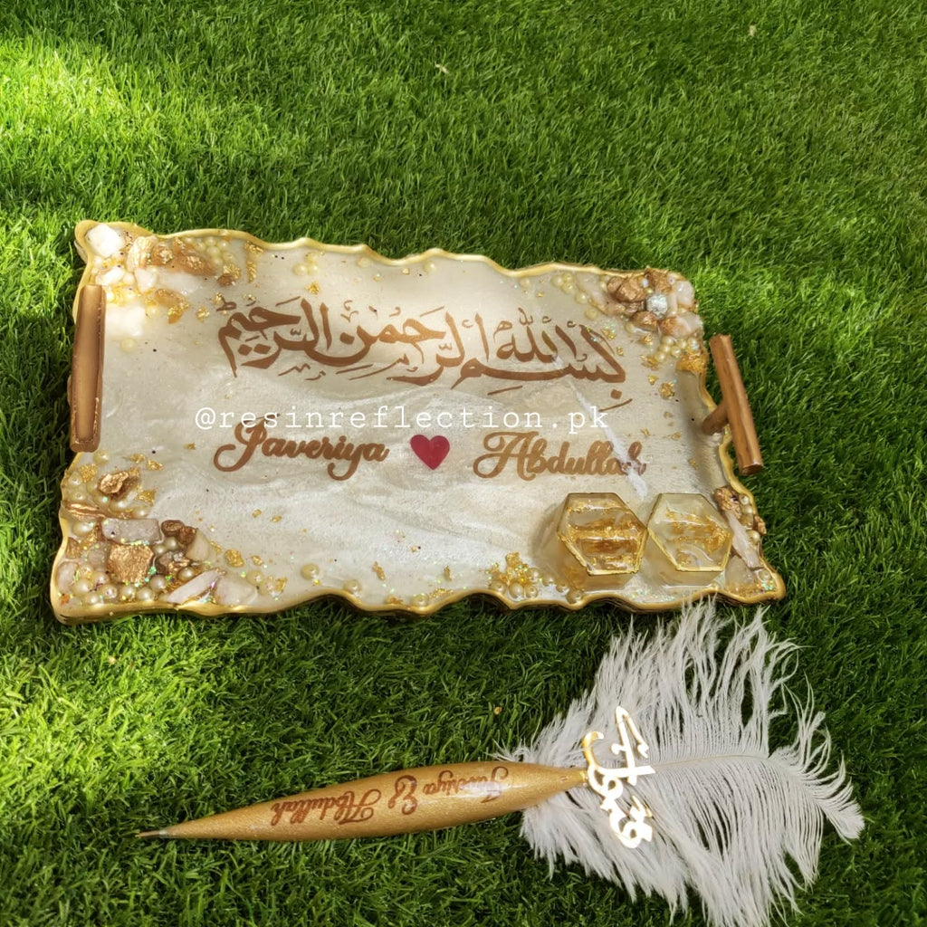 White Rectangular Floral Resin Nikkah/Engagement Tray/Frame