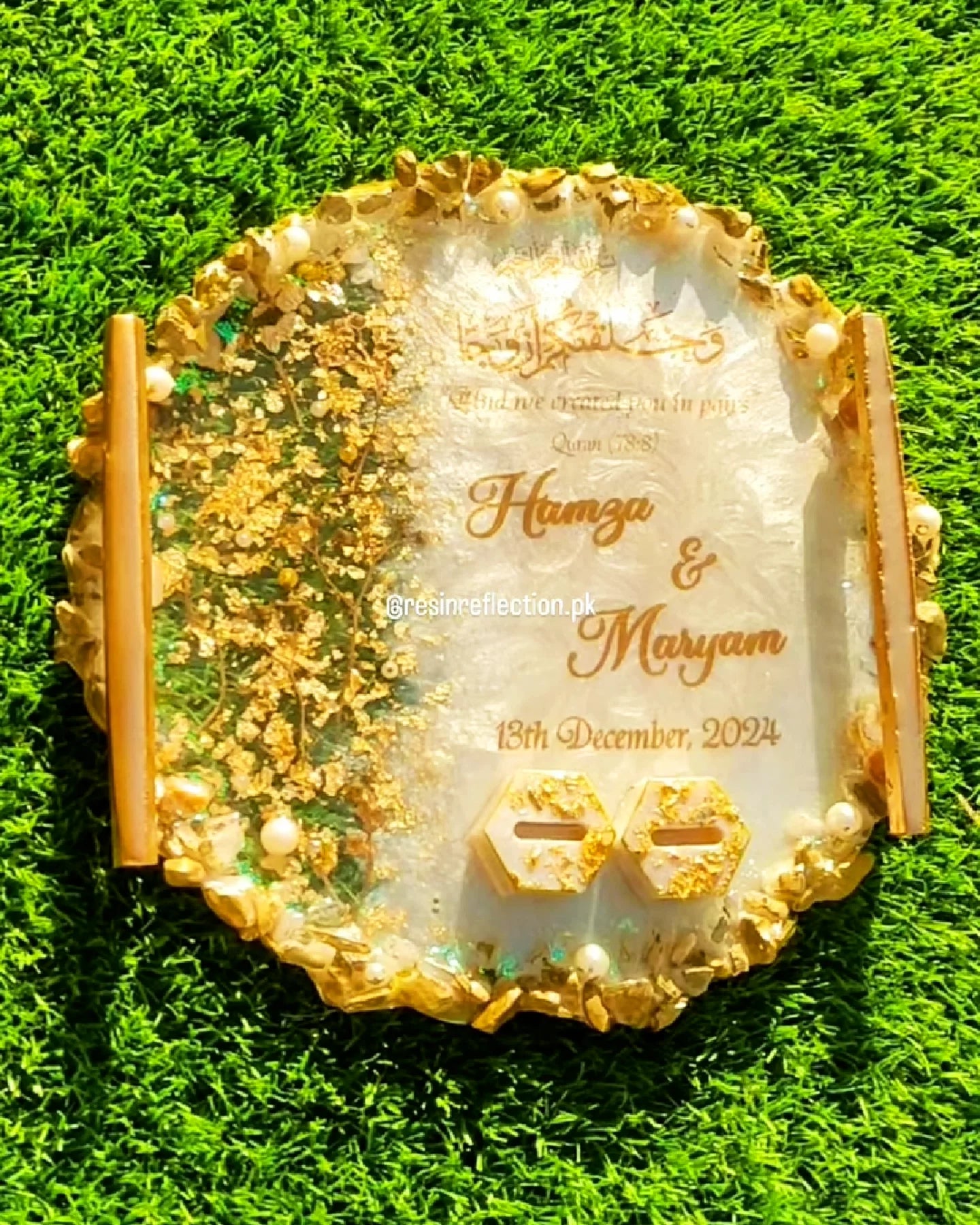 Golden Flakes & White Resin Nikkah/Engagement Tray/Frame