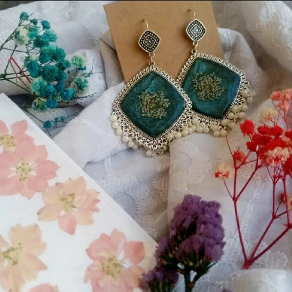 Resin Jhumkas With Your Dried Flowers Preserved, sea green