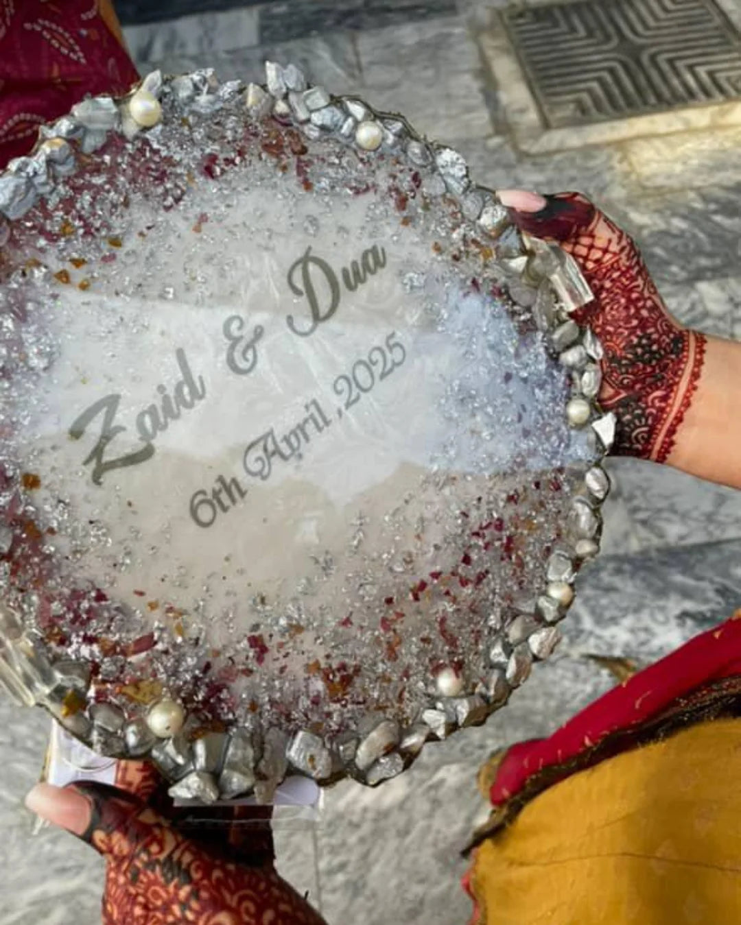 Silver & Rose Resin Nikkah/Engagement Tray/Frame Card Elegant Look