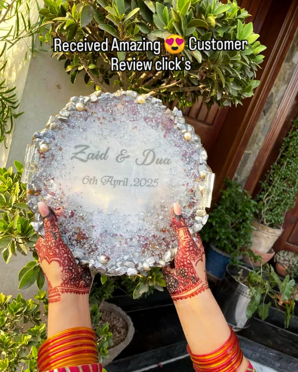 Silver & Rose Resin Nikkah/Engagement Tray/Frame Card Elegant Look
