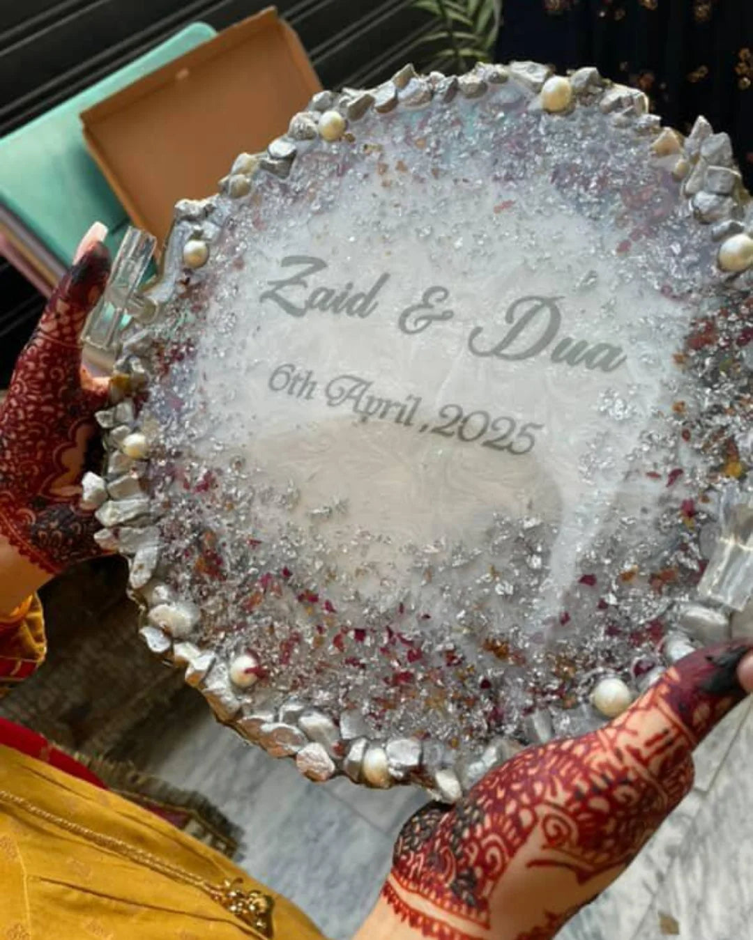 Silver & Rose Resin Nikkah/Engagement Tray/Frame Card Elegant Look