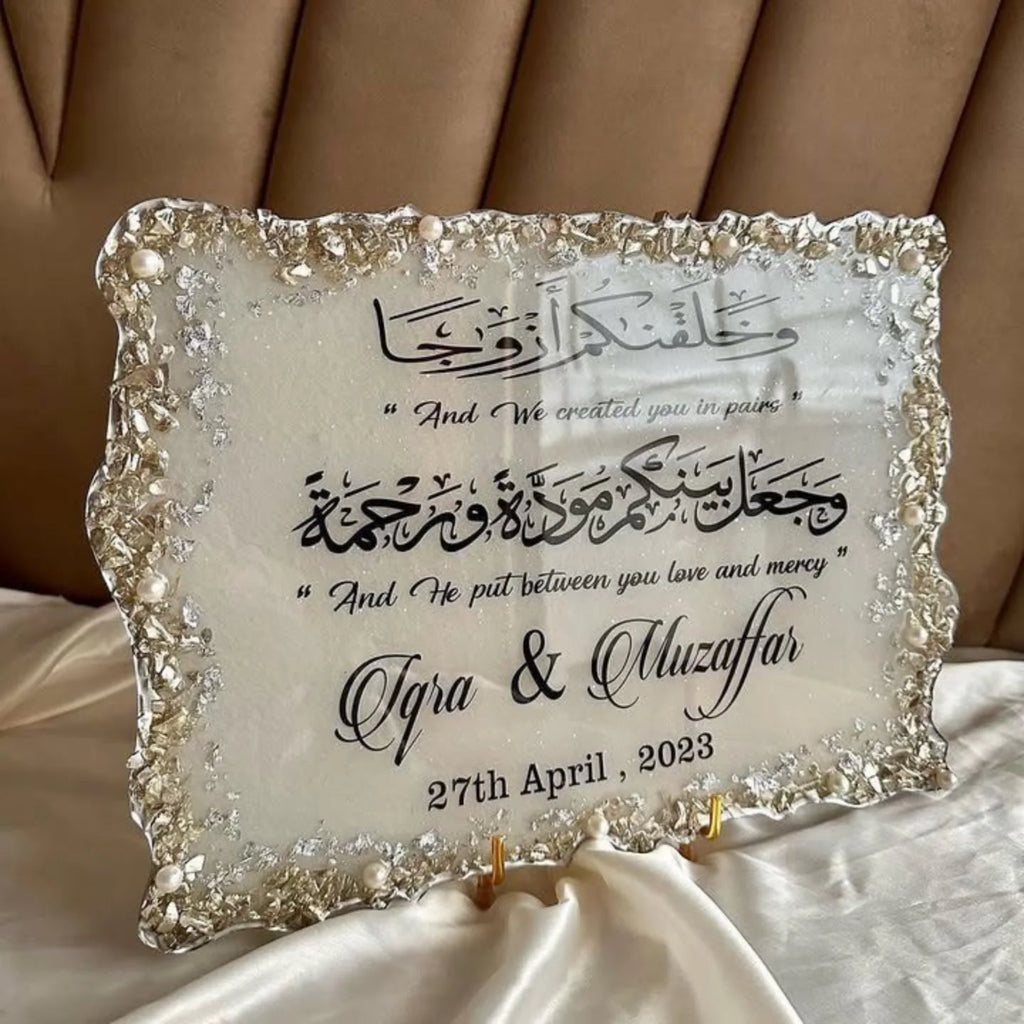 White Silver Rectangular Glass Resin Nikkah/Engagement Tray/Frame