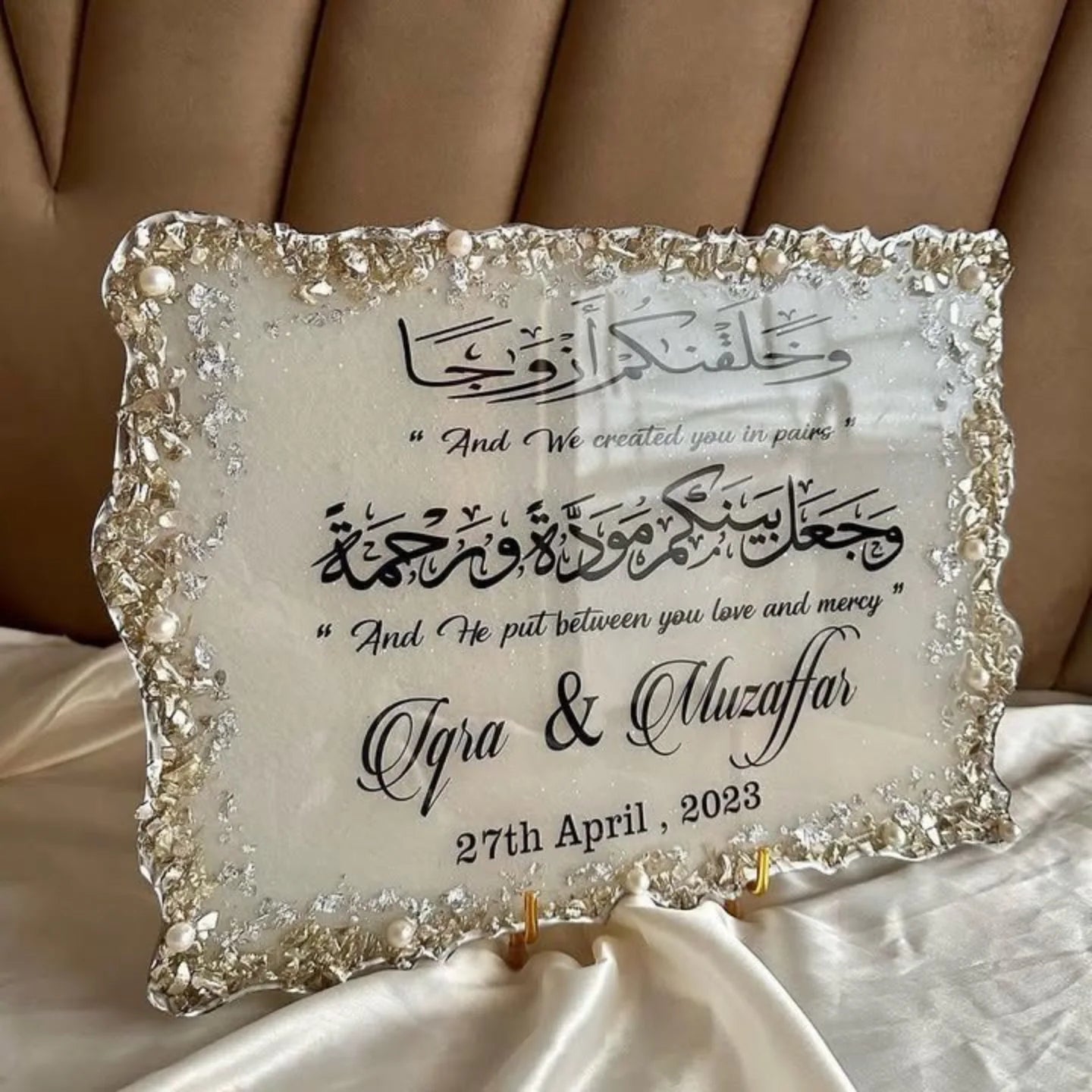 White Silver Rectangular Glass Resin Nikkah/Engagement Tray/Frame