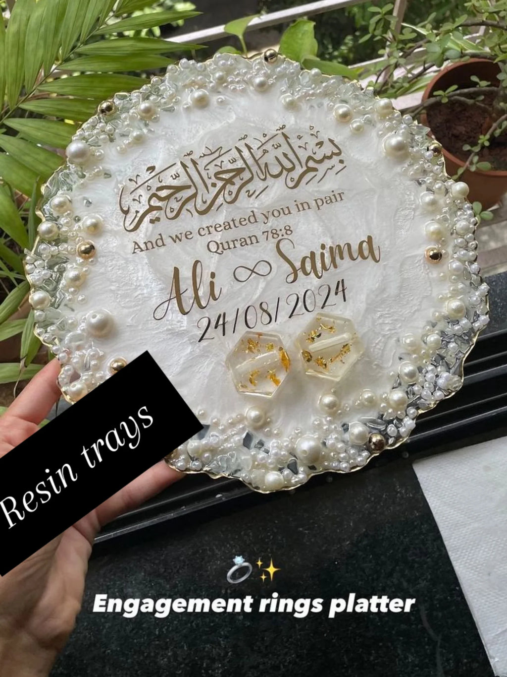 White Pearls Resin Nikkah/Engagement Tray/Frame  Elegant Look